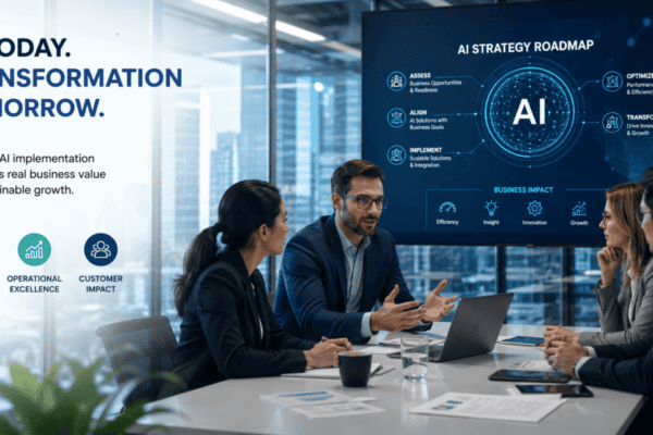 A group of people in business attire are sitting around an office desk and discussing AI strategy. The slide deck in the background says AI in bold.