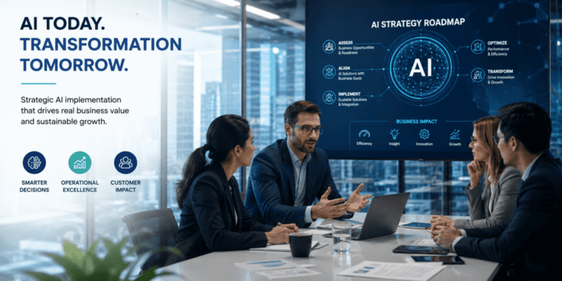 A group of people in business attire are sitting around an office desk and discussing AI strategy. The slide deck in the background says AI in bold.